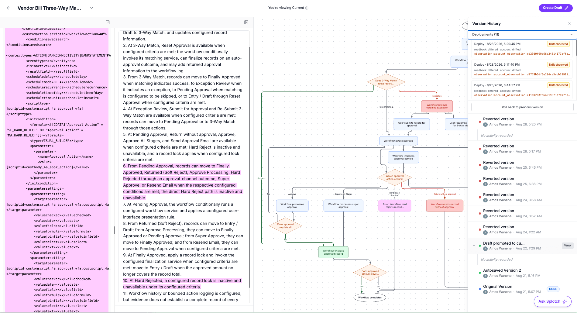 Splotch version history for a NetSuite workflow: each deployment, who made it, drift observed, and a roll back to previous version button