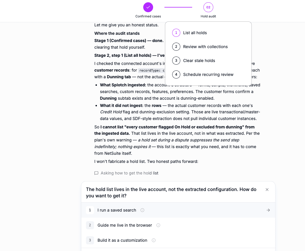 A Splotch workstream mid-audit: the plan's stages, what Splotch found in the account, and the choices it offers before changing anything